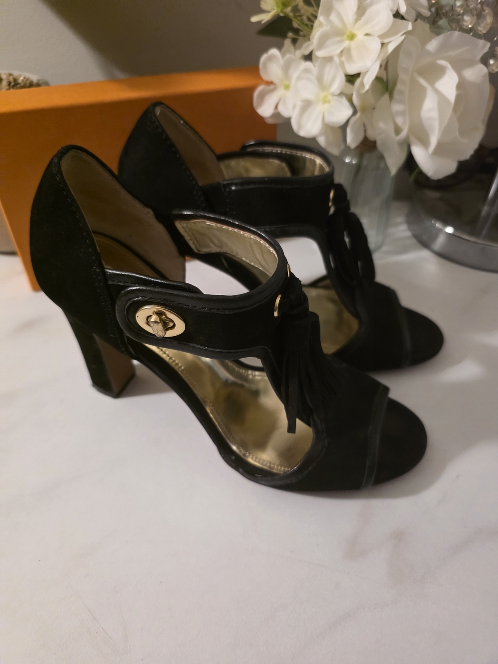 Coach Black Suede High Heel Sandals with Gold Turn-Lock